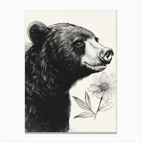 Malayan Sun Bear Sniffing A Flower Ink Illustration 1 Canvas Print