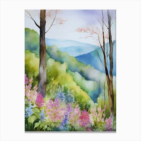 Smoky Mountains Painting, Spring Flowers, Watercolor Art, Appalachian Mountain Landscape Wall Art, Mountain Forest Print..177 Canvas Print