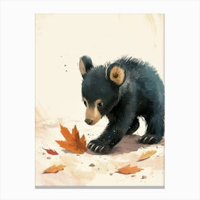 American Black Bear Cub Playing With A Fallen Leaf Storybook Illustration 2 Canvas Print