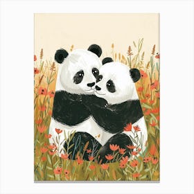 Giant Panda Two Bears Playing Together In A Meadow Storybook Illustration 2 Canvas Print