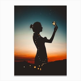 Silhouette Of A Woman Holding A Flower Canvas Print