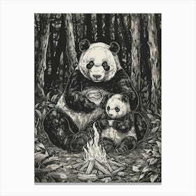 Giant Pandas Sitting Together By A Campfire Ink Illustration 3 Canvas Print