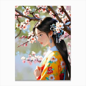 Chinese Girl In Cherry Blossoms Canvas Print