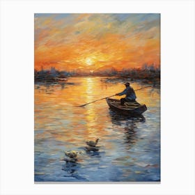 Ducklings In The Sunset With A Fishing Boat Impressionism Painting 1 Canvas Print