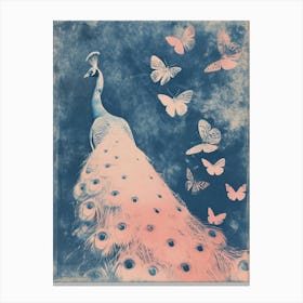 Pink & Blue Peacock Cyanotype Inspired With Butterflies 2 Canvas Print