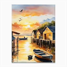Watercolor Of A Fishing Village Canvas Print