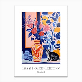 Cats & Flowers Collection Bluebell Flower Vase And A Cat, A Painting In The Style Of Matisse 3 Canvas Print