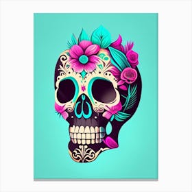 Skull With Tattoo Style Artwork 2 Pastel Mexican Canvas Print
