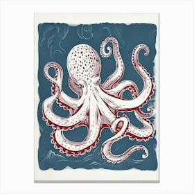 Navy Blue & Red Linocut Inspired Octopus 4 Canvas Print