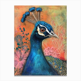 Floral Peacock Portrait Illustration 4 Canvas Print