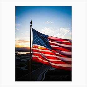 American Flag Rippling In The Wind At Sunrise Red And Blue Stripes Forming A Vivid Pattern Symboliz (6) Canvas Print