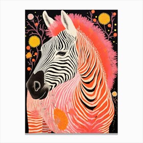 Portrait Of A Zebra At Night Floral Canvas Print