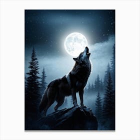 Howling Wolf Center Frame Midnight Wilderness Backdrop Full Moon Casting Silver Illumination Thro (2) Canvas Print