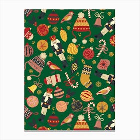 Scattered Christmas Toys, Ornaments, and Treats Red Yellow Green Canvas Print