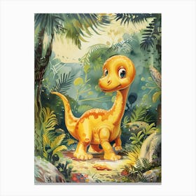 Cute Storybook Dinosaur In The Leaves Painting 1 Canvas Print