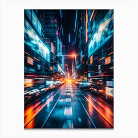 A Fast Paced Motion Blur Shot Through A City Street At Night, With Streaks Of Red, Blue, And Orange Light From Traffic And Buildings Canvas Print