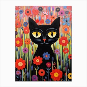 Black Cat In Flowers Canvas Print