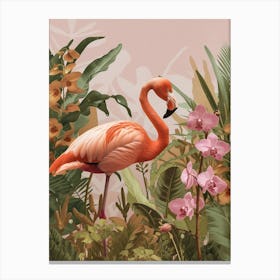 Lesser Flamingo And Orchids Minimalist Illustration 4 Canvas Print