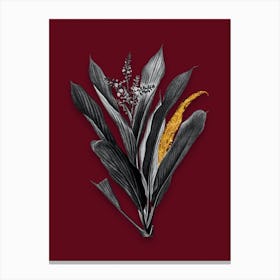 Vintage Cordyline Fruticosa Black and White Gold Leaf Floral Art on Burgundy Red Canvas Print