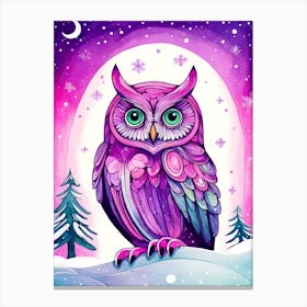 Pink Owl Snowy Landscape Painting (211) Canvas Print