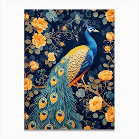 Navy Blue Floral Peacock Wallpaper Canvas Print