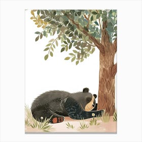 Sloth Bear Laying Under A Tree Storybook Illustration 3 Canvas Print