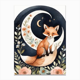 Floral Cute Fox Watercolor Moon Paining (29) Canvas Print