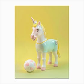 Pastel Toy Unicorn Playing Soccer 1 Canvas Print