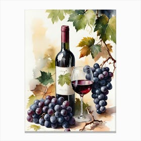 Vines,Black Grapes And Wine Bottles Painting (23) Canvas Print
