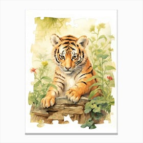 Tiger Illustration Solving Puzzles Watercolour 4 Canvas Print