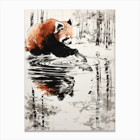 Red Panda Catching Fish In A Tranquil Lake Ink Illustration 3 Canvas Print