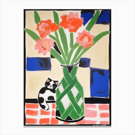 Painting Of A Still Life Of A Gladioli With A Cat In The Style Of Matisse 2 Canvas Print