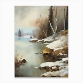 Ancient landscapes, old winter oil paintings and rocks around the lake bank. Snow is falling on the lake, old colors.9 1 Canvas Print