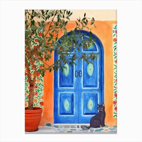 Greek Blue Door Cat Canvas Print