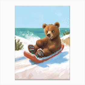 Brown Bear Cub Sledding Down A Snowy Hill Storybook Illustration 3 Canvas Print