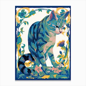 Blue Cat Botanical Art Nouveau Style Canvas Print