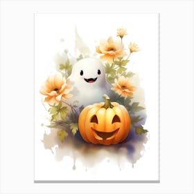 Cute Ghost With Pumpkins Halloween Watercolour 131 Canvas Print