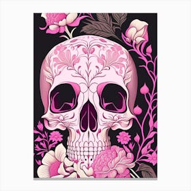 Skull With Floral Patterns 2 Pink Line Drawing Canvas Print