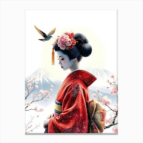 Geisha With A Brid By Blossom Trees Canvas Print