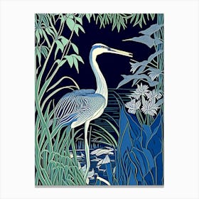 Blue Heron In Garden Vintage Linocut 1 Canvas Print