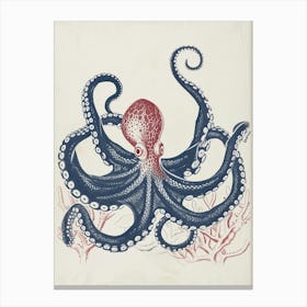 Navy Blue Linocut Inspired Octopus  2 Canvas Print
