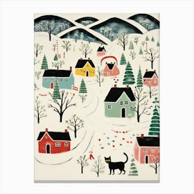 Black Cat Winter Mountain Village Christmas Canvas Print