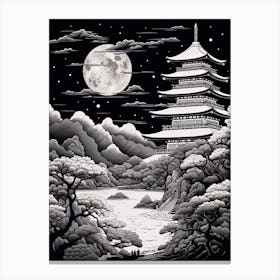 Chureito Pagoda In Yamanashi, Ukiyo E Black And White Line Art Drawing 3 Canvas Print