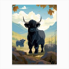 Two Black Bulls In The Autumnal Highlands Canvas Print