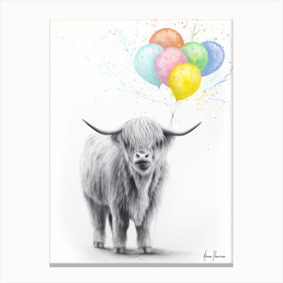The Highland Cow And The Balloons Canvas Print