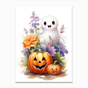 Cute Ghost With Pumpkins Halloween Watercolour 20 Canvas Print