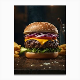Hamburger With Fries And Onion Canvas Print