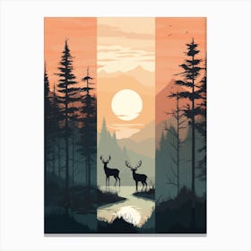 Deer In The Forest At Sunset 1 Canvas Print