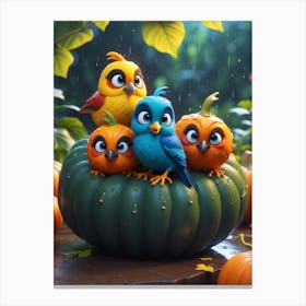 Cartoon Birds On Pumpkin Canvas Print