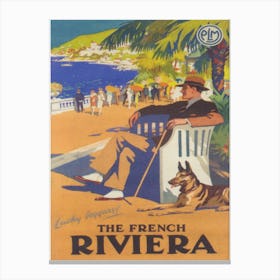 French Riviera Beach, Man With Dog, Muted Neutral Colors, Vintage Travel Poster Stampe su tela